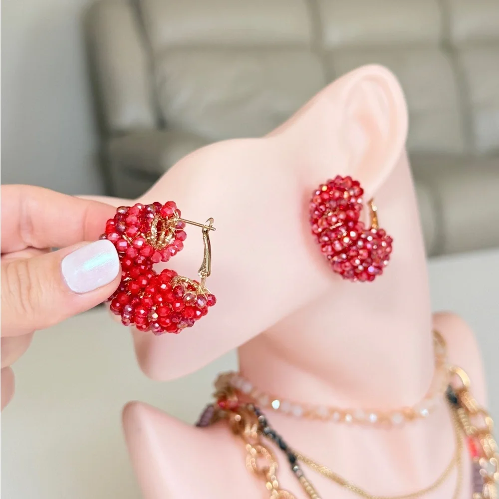 Trendy Red Beaded Hoop Earrings - Women Jewelry